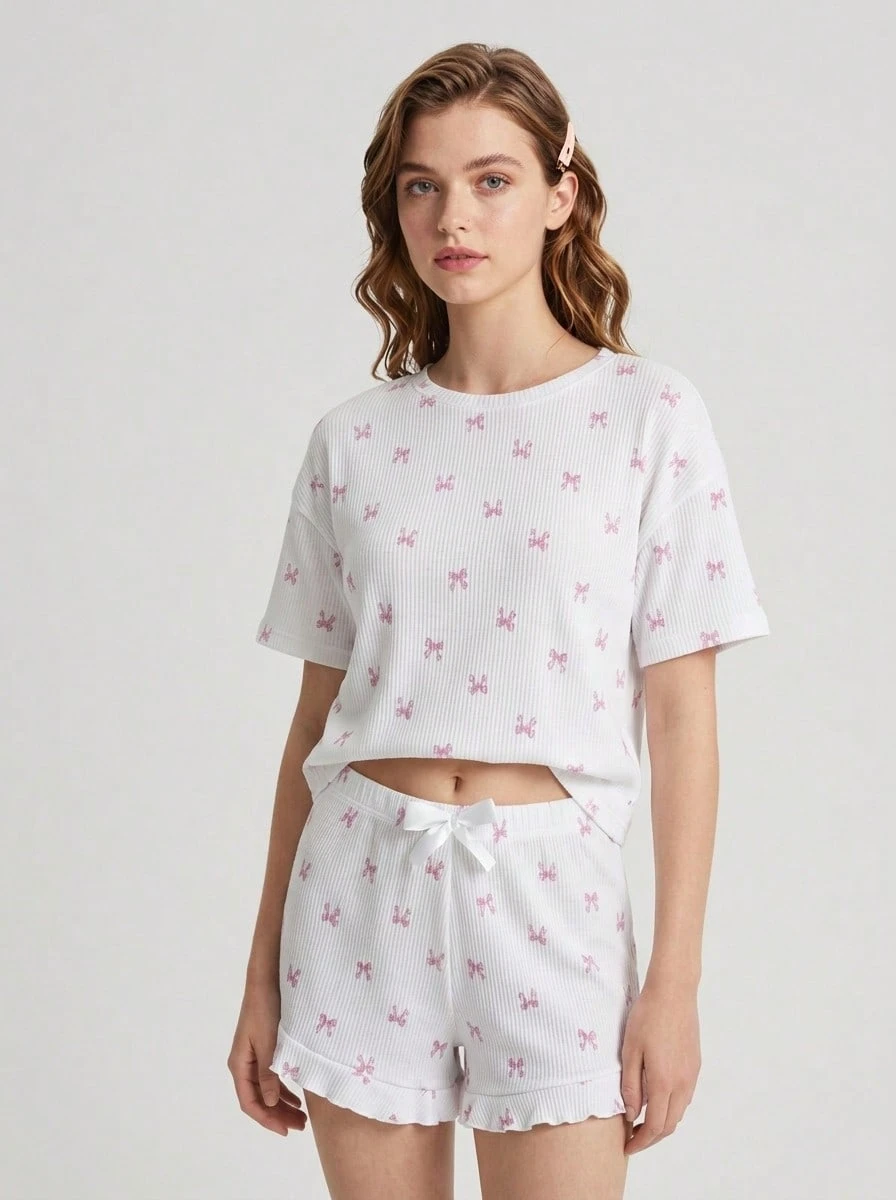 Aesletic 2pcs Women Casual Pajama Set, Cute Bow Print Top, Lightweight & Breathable Homewear Suit, Summer - White - View 1
