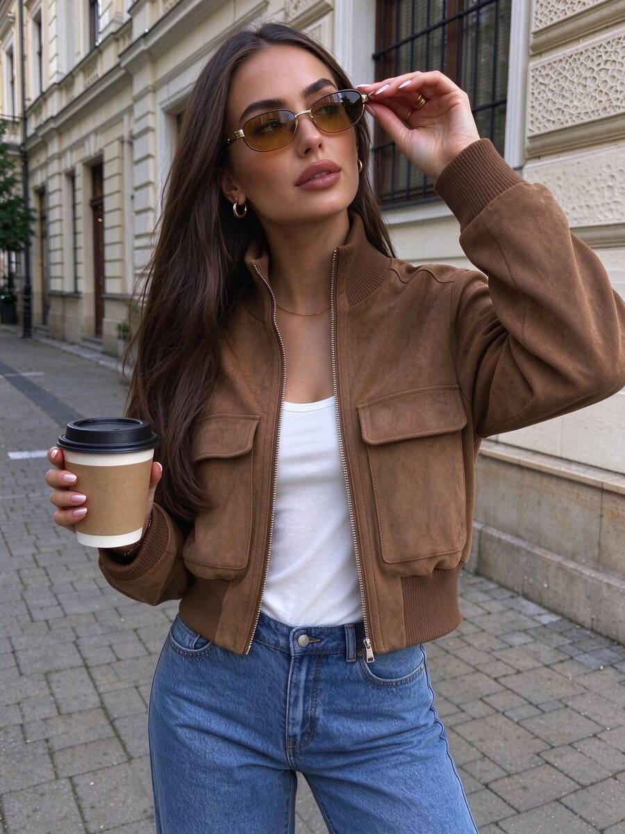 Jaket Penerbangan Wanita Gaya Eropa dan Amerika Minimalis Bergaris Kerah Tegak Mellowy Autumn Terbaru - Khaki - View 1