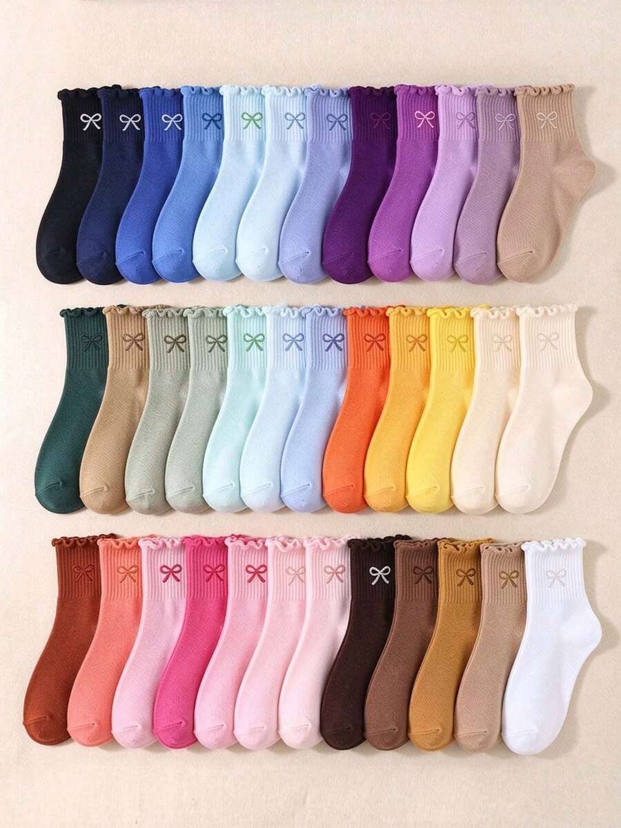 5/10/20 Pairs Random Color Girls Mid-Calf Socks, Colorful Ruffle Bow ...