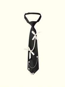 Popjeli 1pc Women's Fashion Bow Decor Chain Link Faux Pearl Punk Elegant Neck Tie, Suitable For Party, Gift, School - A - View 6