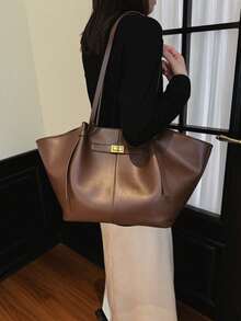 Women Large Capacity Tote Bag, Elegant PU Leather Shoulder Handbag, Minimalist Work Purse, Fashion Top Handle Bag For Daily Commute - Coffee - View 4
