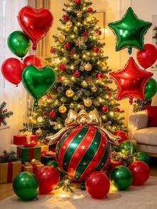 15/30pcs Christmas Heart Star & Bow Bauble Foil Balloon Kit, Xmas Party Decorations, Red Green Aluminum Balloons With Ribbon And Dots For Holiday Backdrop Decor - Christmas Heart, Star, and Bow Balloon Set - View 1