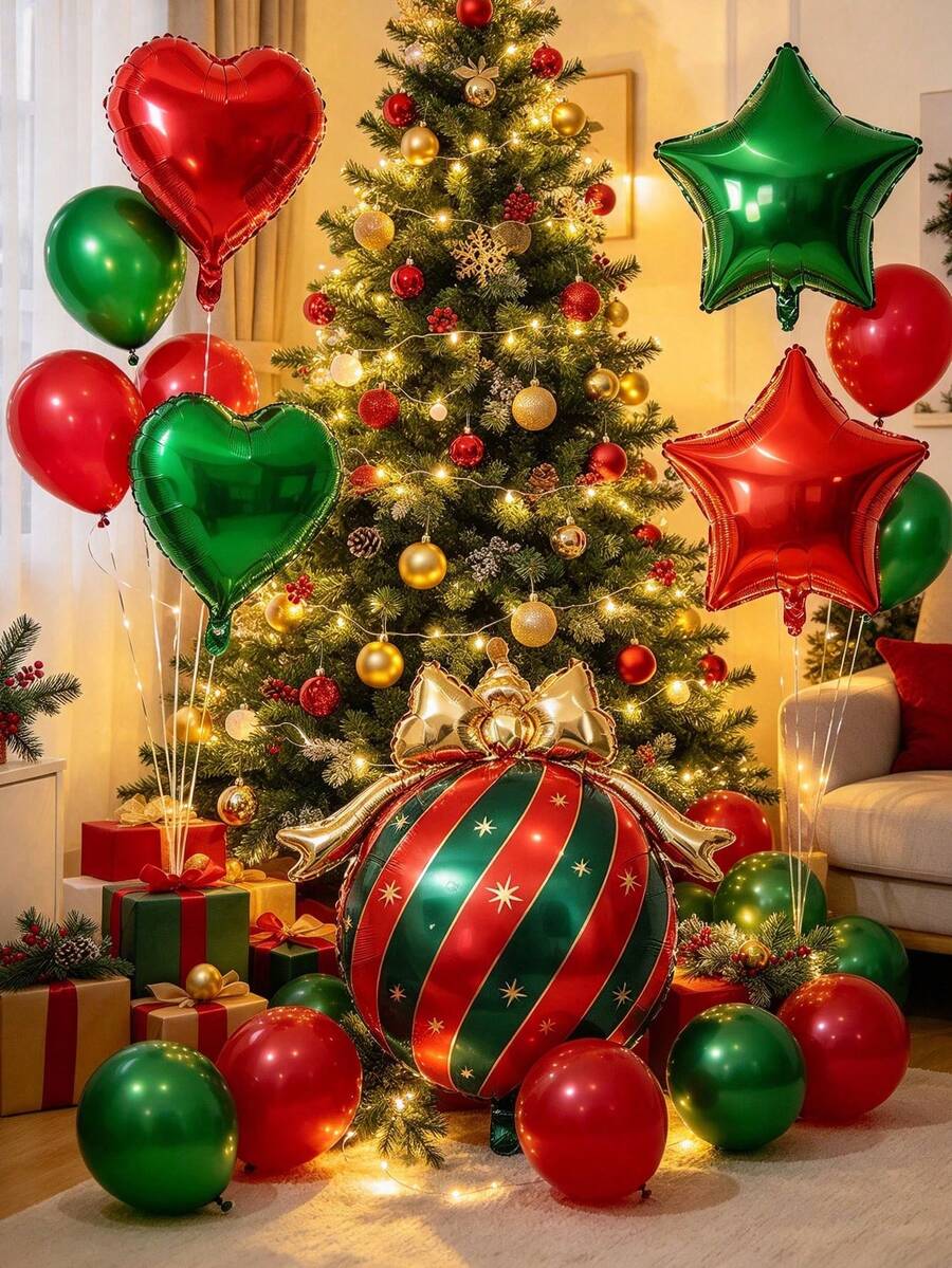 15/30pcs Christmas Heart Star & Bow Bauble Foil Balloon Kit, Xmas Party Decorations, Red Green Aluminum Balloons With Ribbon And Dots For Holiday Backdrop Decor - Christmas Heart, Star, and Bow Balloon Set - View 1