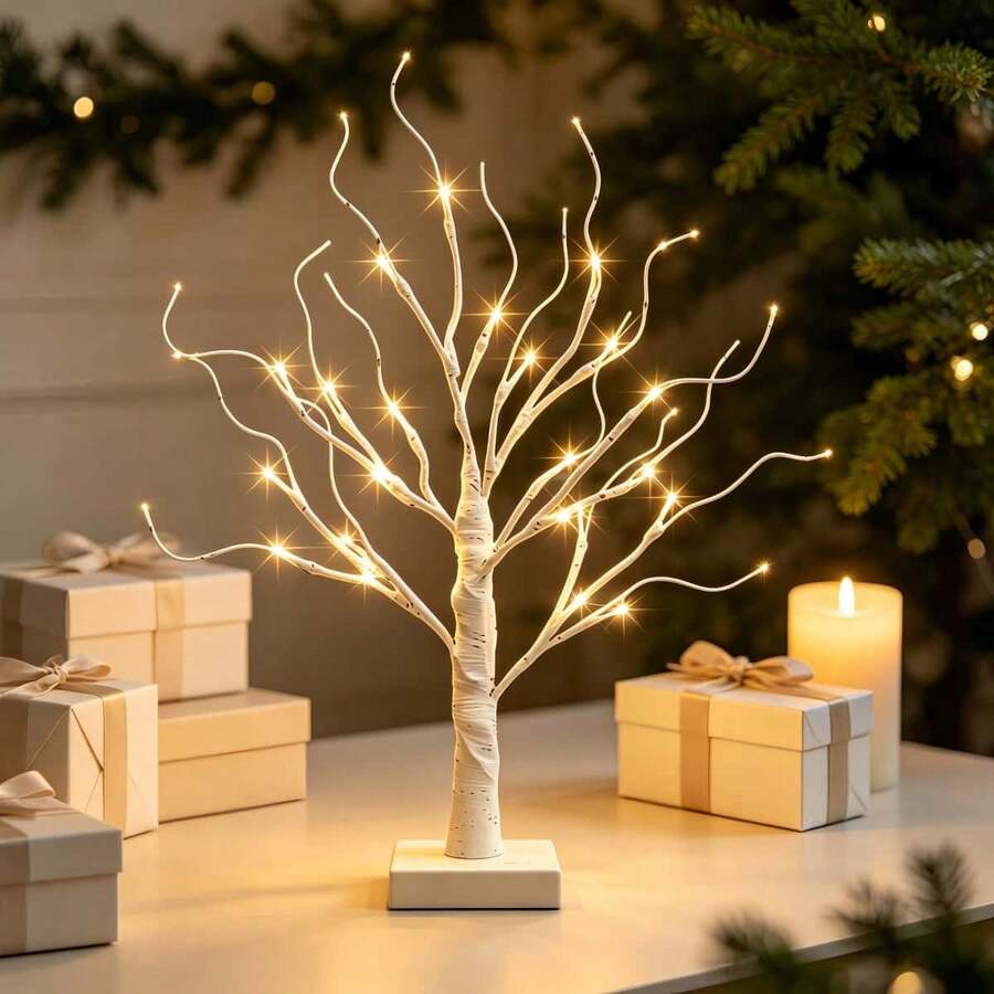 1PC White Birch Tree Lamp 24 Lights 60CM Height, USB + 3 AA Batteries Dual Power, Warm Light Desktop LED Tree Lamp, Autumn Winter Christmas New Year Bedroom Home Housewarming Party Atmosphere Decoration Ornament