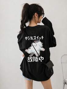 Women's Fashion Autumn/Winter Loose Minimalist Versatile Letter & Cartoon Cat Print Long Sleeve T-Shirt - Black - View 3