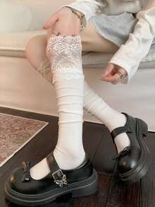 1 Pair Women's Ballet Style Lace Trim Calf Socks, Slouchy Knee-High Socks, Suitable For Daily Wear - Multicolor - View 4