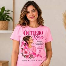 Blusa camiseta feminina OUTUBRO ROSA, LAÇO FLORES, PREVENÇÃO, VIDA MULHER tshirt  plus size - Rosa chiclete - Visão 2