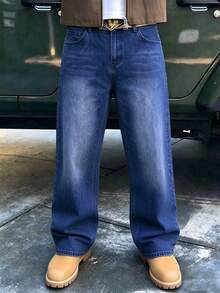 Wide Leg Men's Blue Washed Loose Wide Leg Casual, Long Washed Skateboard - Y2K Loose Denim Jeans, Korean Style Men's All Season | Modern Custom Long Pants - Friends Series - Medium Wash - View 3