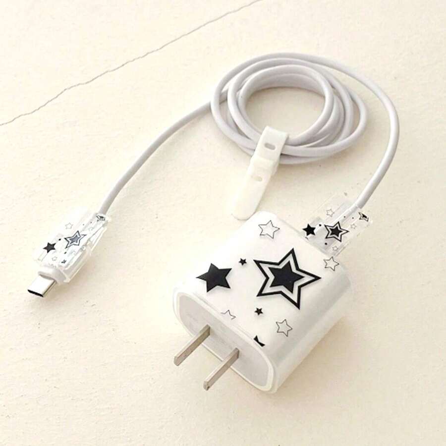 4pcs Compatible With IPhone 18W/20W Original Charger Protective Case (Cable Cover Not Included) TPU Transparent Soft Shell Anti-Drop, Minimalist Black Five-Pointed Star Apple Fast Charger Head Data Cable Protective Sleeve Interface Anti-Breakage, Storage Tape, Phone Accessories Decoration, Ideal Gift For Girls - Black Five-pointed Star - View 1