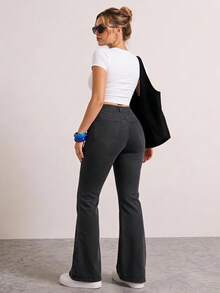 Push Up Tummy Hide High Waist Washed Blue Flare Leg Plus Size Woman Denim Jean - Dark Grey - View 2