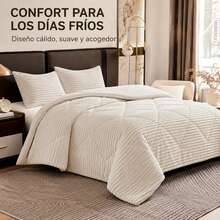 Juego de Edredón Sherpa Reversible con Textura Acanalada 3D y Fundas de Almohada, Suave, Cálido y Mullido, Ropa de Cama de Invierno para Dormitorio - Beis - Ver 2
