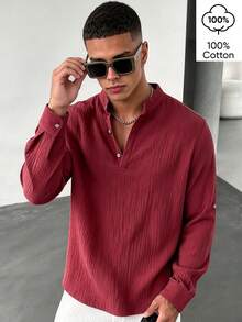WAIT HIM 100% Cotton Men's Casual Solid Color Long Sleeve Shirt - Burgundy - View 2