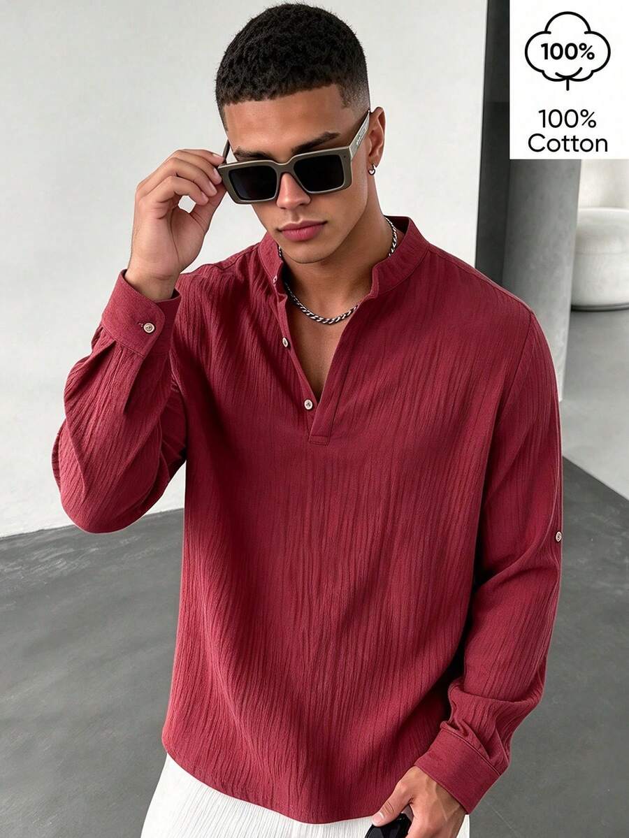 WAIT HIM 100% Cotton Men's Casual Solid Color Long Sleeve Shirt