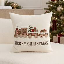 1pc Christmas Train Embroidered Pillow Case, MERRY CHRISTMAS Pillow Cover, Suitable For Indoor Decoration, Christmas Decoration, All-Season Pillow Case, Without Insert - Multicolor - View 11