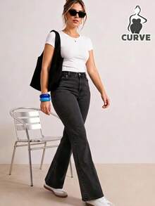 Push Up Tummy Hide High Waist Washed Blue Flare Leg Plus Size Woman Denim Jean - Dark Grey - View 1