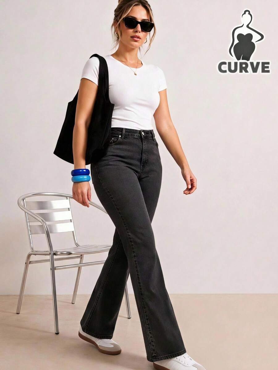 Push Up Tummy Hide High Waist Washed Blue Flare Leg Plus Size Woman Denim Jean - Dark Grey - View 1