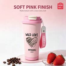 MINISO, Coffee Cup, Cute Polka Dot Pattern, 500ml Stainless Steel Coffee Cup, With Straw, Portable Cup; Gift For People. - Pink - View 6
