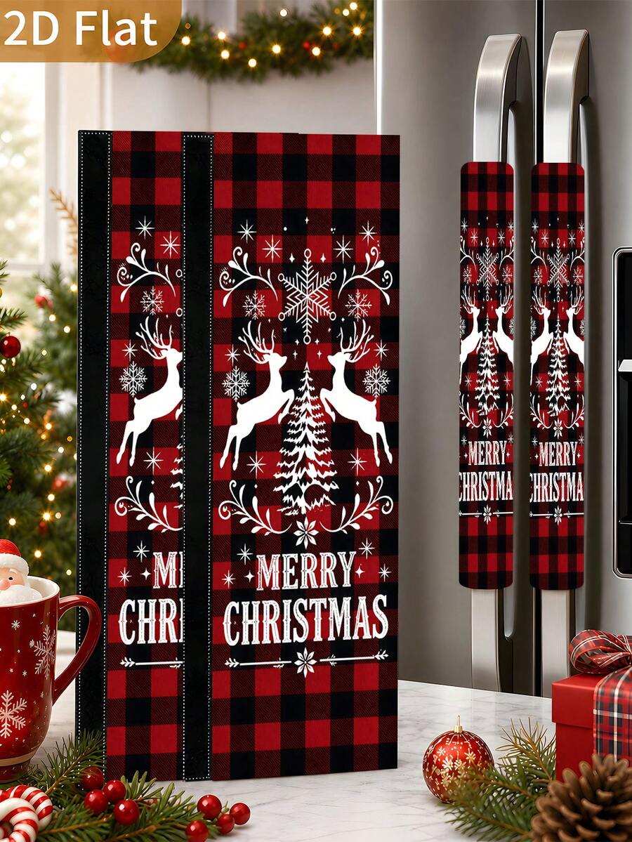 1/2Pcs Christmas Refrigerator Handle Covers, Reindeer, Black & Red Plaid, "Merry Christmas" Pattern, With Hook-And-Loop, Suitable For Refrigerator, Oven, Microwave, Dishwasher, Christmas Holiday Kitchen Decor - View 1