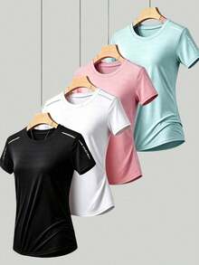 4pcs Women's Round Neck Quick-Dry Short Sleeve T-Shirts, Can Be Worn As Inner Layer Or Outerwear, Summer Style - Multicolor - View 2