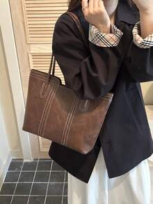 Fashionable Retro Solid Color PU Shoulder Tote Bag, Suitable For Women Shopping, Commuting And Daily Use - Coffee - View 5