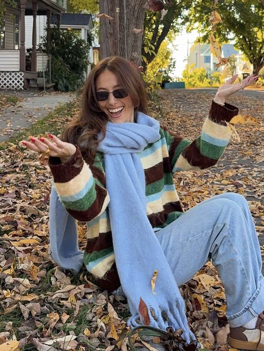 1pc Elegant Women's Knitted Scarf With Fringe - Comfortable, Windproof And Warm For Fall And Winter | Ideal Holiday Gift - Blue - View 1
