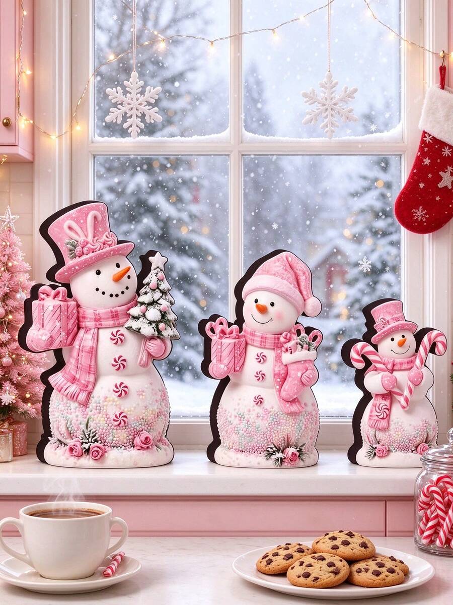 1/3Pcs Pink Christmas Snowman Tabletop Decor Set, Freestanding Winter Snowman Ornaments With Gift Box & Candy Cane, Rustic Xmas Desktop Decorations For Window Sill, Dining Table, Kitchen Counter, Holiday Home Decor, Christmas Gift For Family Friends - Pink - View 1