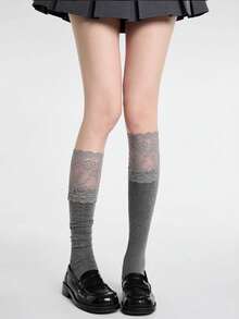 1 Pair Women's Ballet Style Lace Trim Calf Socks, Slouchy Knee-High Socks, Suitable For Daily Wear - Multicolor - View 12