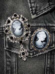 2PCS Gothic Victorian Cameo Brooch Pin Silver Filigree Black Rhinestone Pendant Dark Academia Whimsigoth Jewelry For Women - Black - View 6