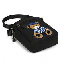 Pointer jumping Crossbody Bag Student Bag 3D Embroidered Bear Large Capacity Bag New Fashion Shoulder Suitable For Daily Commute And Outing Use, Unisex - Black - View 8