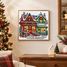 1 Set 36x36cm [14.2x14.2in] Christmas Town Cross Stitch Full Material Kit, 11CT Red & Green House Snowy Street Scene Printed Pattern, Holiday Home Wall Decor Gift - Multicolor - View 6