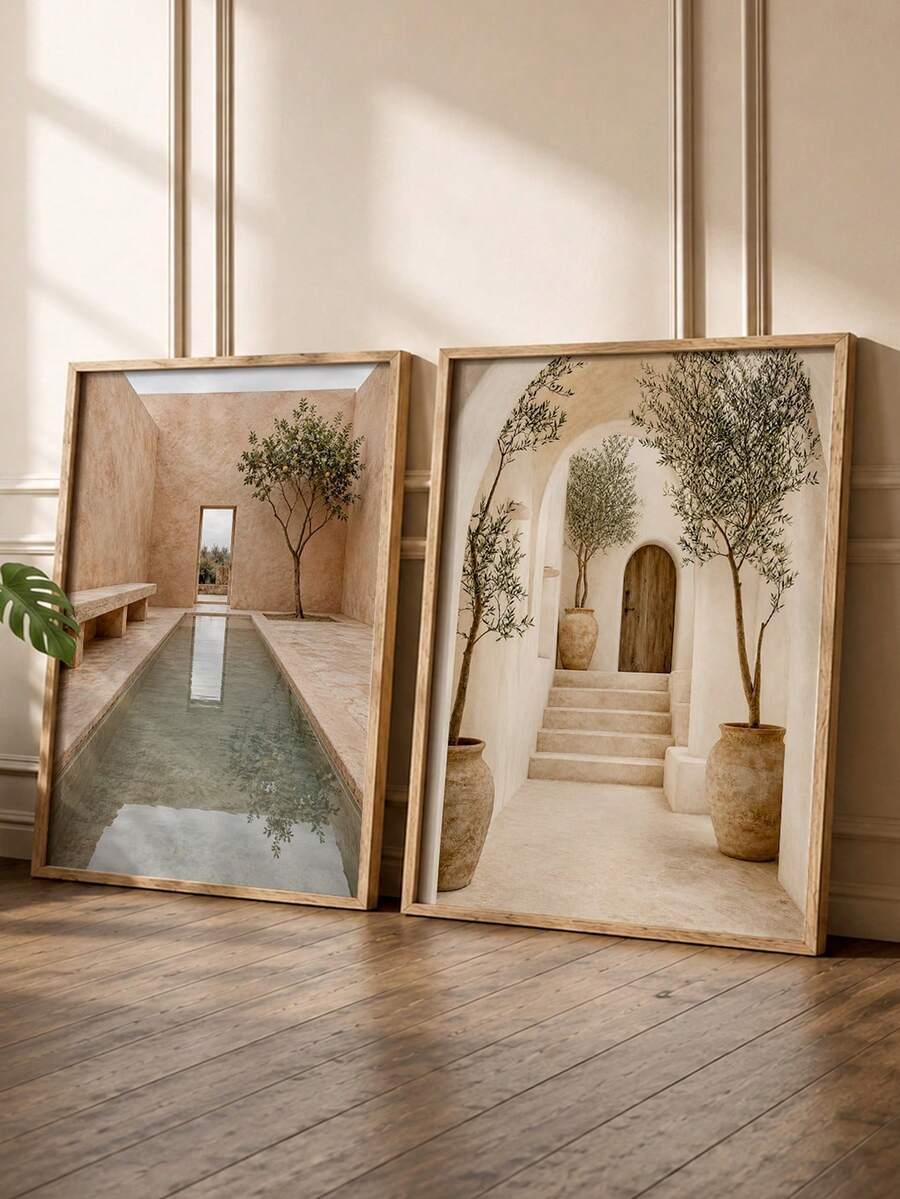 1/2pcs Bohemian Mediterranean Courtyard Canvas Wall Art, Warm Terracotta Color Pool Olive Tree Architecture Print, Rustic Neutral Aesthetic Poster, Bedroom Living Room Farmhouse Dining Room Home Wall Decor, Gift - Abstract Style - View 1