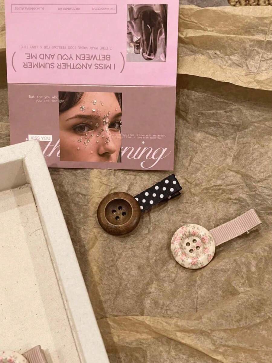 Vintage Button Hair Clip, Floral Polka Dot Design, Snap Hair Clip, Cute French Style, Non-Slip Bangs Clip, Korean Y2K Hair Accessory, Daily Gift - Multicolor - View 1