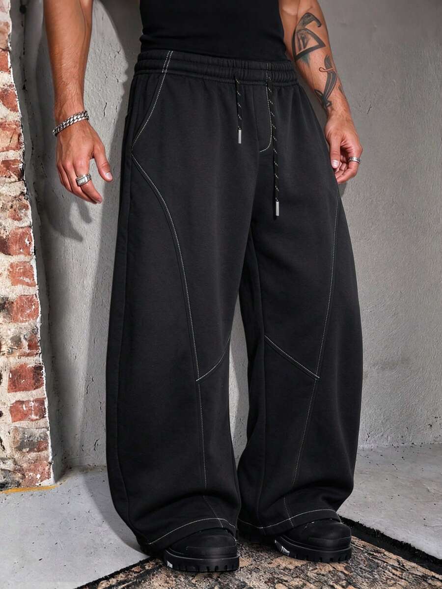 Spring/Autumn American Deconstructed Contrast Stitch Wide Leg Sweatpants Loose Drapey Floor-Length Casual Sports Long Pants - Black - View 1