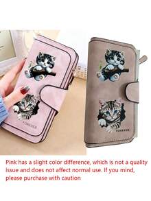 Grey Tabby Cat Pattern Vintage Wallet, Bifold Multi-Zipper Compartment Wallet, Coin Purse, Multiple Card Slots And Cash Compartments, Daily Commute - Multicolor - View 12