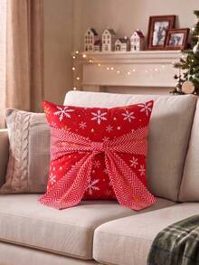 1pc New Printed Throw Pillow Cover Christmas Decoration Bow Backrest Cover Sofa Decorative Pillowcase Holiday Party Decoration Lumbar Pillow Cover - Multicolor - View 1