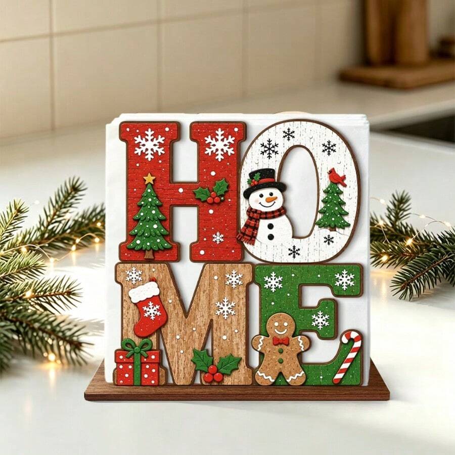Wooden Napkin Holder, Christmas Home Letter Wooden Napkin Rack, Christmas Snowman Gingerbread Man Desktop Tissue Box, Christmas Party Kitchen Restaurant Desktop Napkin Organizer, Suitable For Christmas Tabletop Decoration, Christmas Tabletop Tissue Storage Rack - Multicolor - View 1