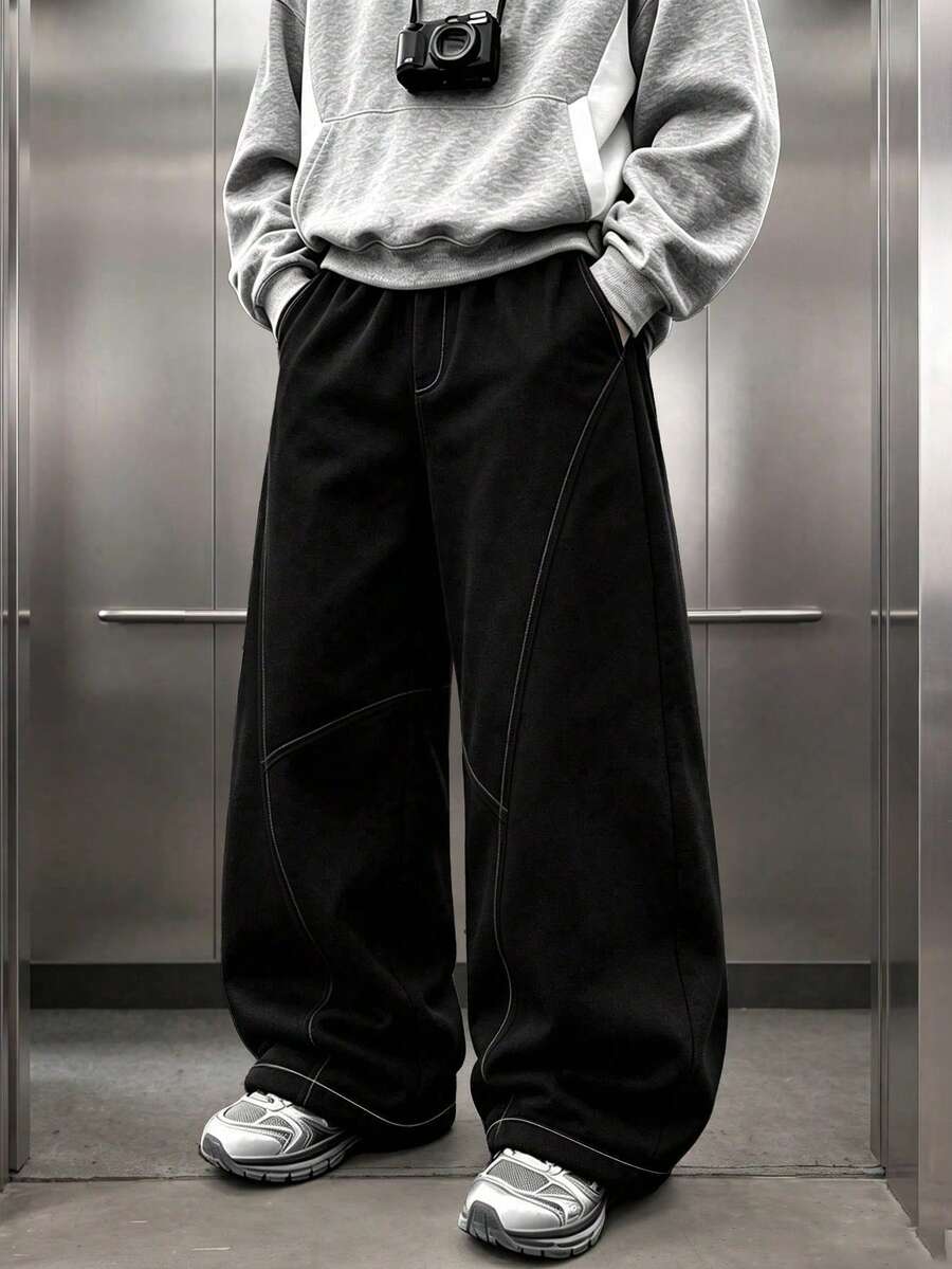 Spring/Autumn American Deconstructed Contrast Stitch Wide Leg Sweatpants Loose Drapey Floor-Length Casual Sports Long Pants - Black - View 1