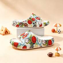 Boys' Lightweight Multi-Ball Graffiti All-Over Print EVA Slide Sandals, Cool Beach Bedroom Indoor Daily Slippers - White - View 3