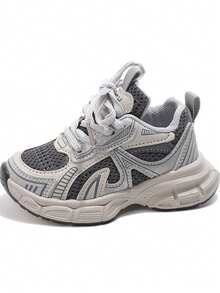 Spring/Autumn New Kids' Chunky Sneakers, Mesh Breathable Colorblock Thick Sole Non-Slip Casual Sports Running Shoes For Boys And Girls - Grey - View 6
