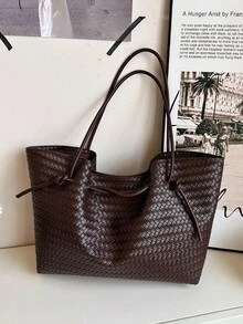 時尚高端編織咖啡色PU材質女款托特包，現代風大容量收納肩背包/通勤包 - 咖啡棕 - 查看 9