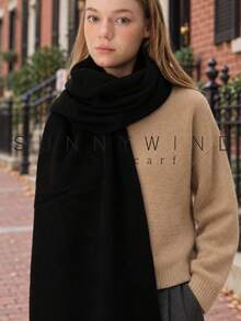 1pc Women's Solid Color Minimalist Fashion Versatile Warm Wool Scarf, Suitable For Autumn/Winter Daily Wear - Black - View 6