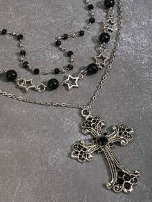3pcs Vintage Gothic Black Beaded Star Round Bead Rhinestone Cross Hip Hop Men's Necklace Set - Black Silver - View 5
