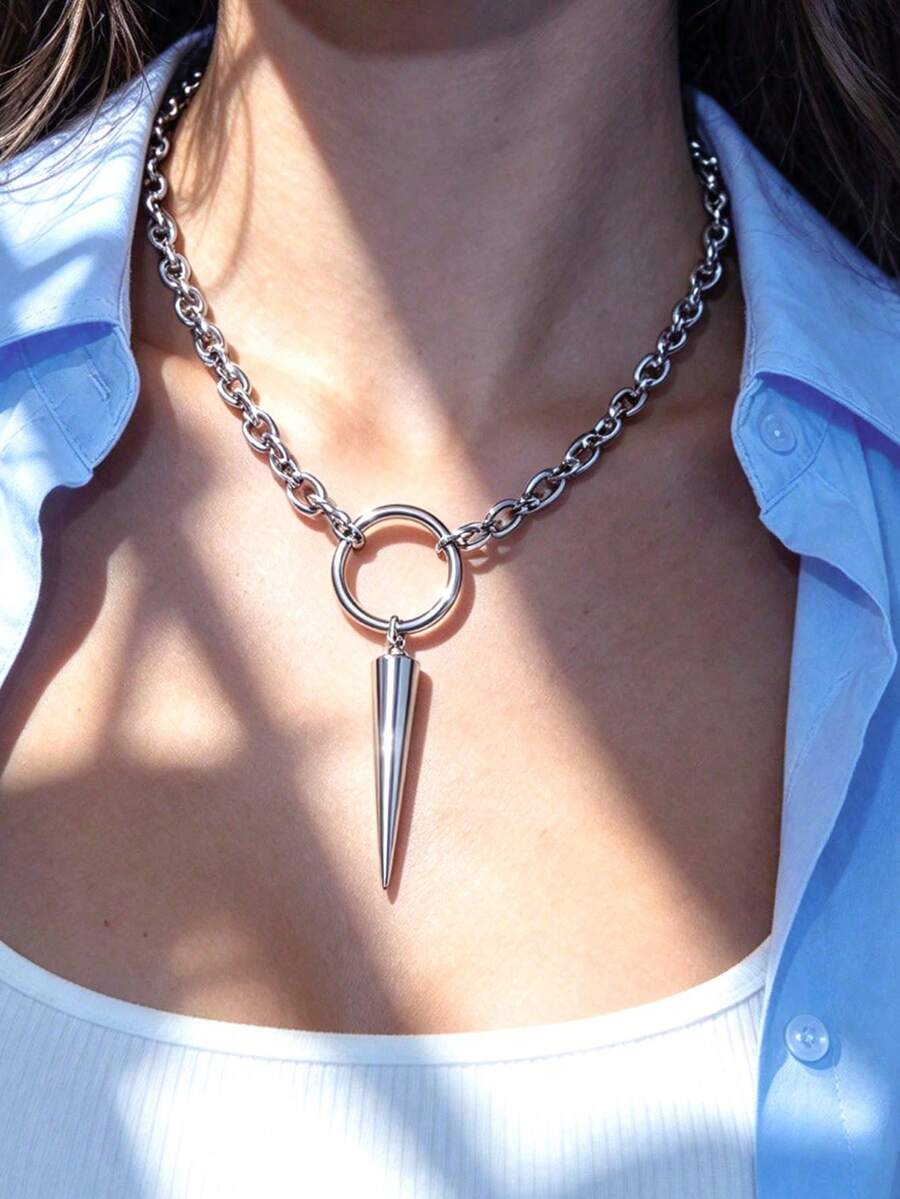 1pc Halloween Gothic Style Rivet Pendant Necklace, Suitable For Party, Halloween, Daily Wear. - Silver - View 1