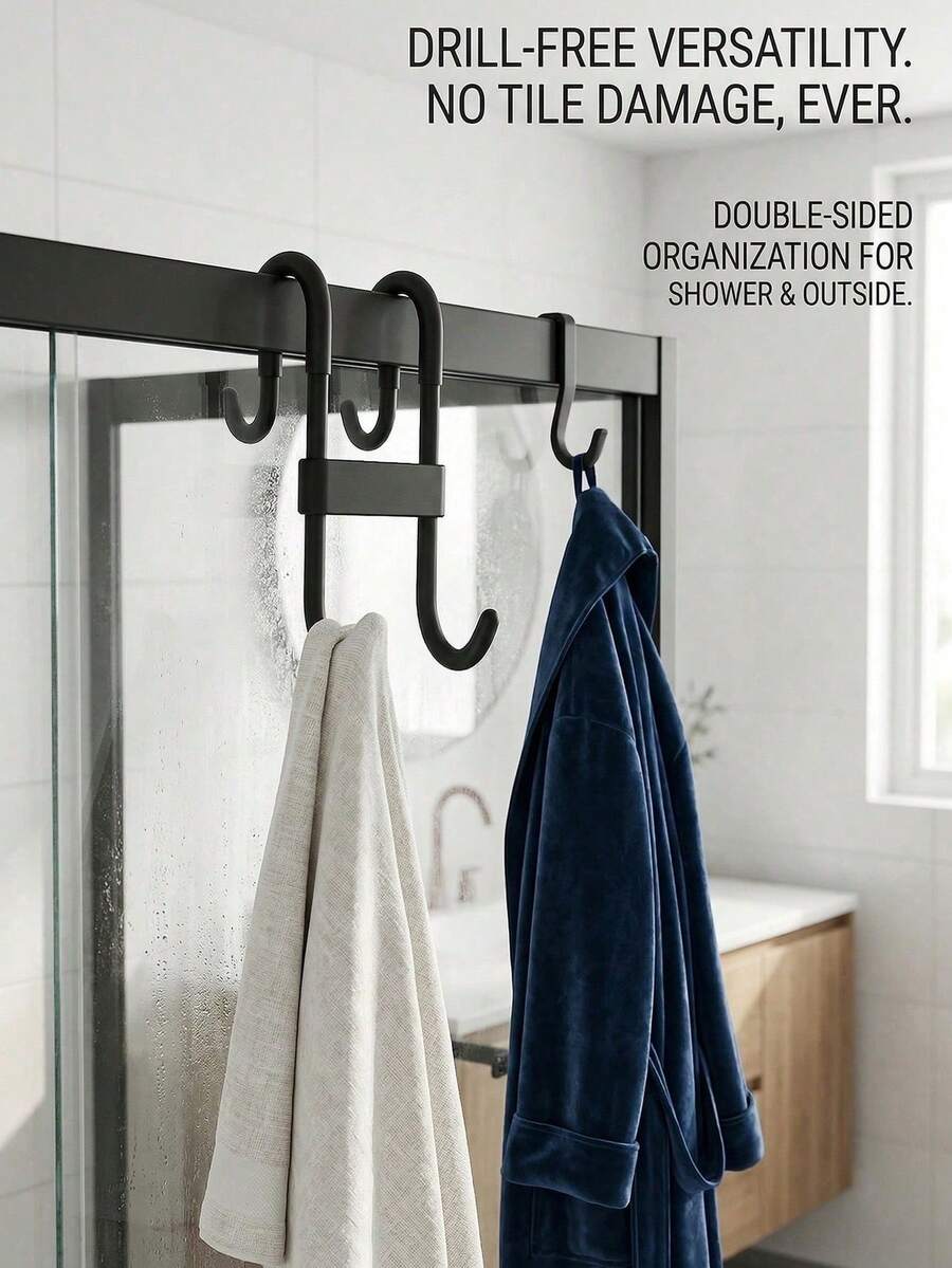 1pc Towel Rack, No-Drill Bathroom Shelf Hook, Heavy Duty Durable Hook Rack, For Bathrobe, Towel, Door-Mounted Hook, Suitable For Bathroom, Kitchen Multi-Purpose, Bathroom Accessories - Multicolor - View 1