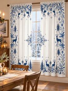 2pcs Christmas Printed Polyester Curtains, Blue White Reindeer Snowflake Pine Branch Christmas Tree Ornament Pattern, Winter Snowy Forest Window Drapes For Living Room Bedroom Dining Room Holiday Party Home Decor - F - View 14