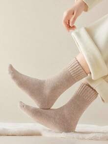 1/5 Pairs Women's Mid-Calf Socks, Solid Color Warm Lining Winter Socks, Fashionable And Versatile, Suitable For Daily Wear And Sleep, Comfortable - Multicolor - View 9