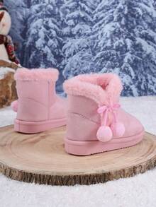1 Pair Vintage Fuzzy Snow Boots With Pom Pom & Bow Decor, Thick Lined Ankle Boots For Winter Home & Outdoor Wear - Pink - View 4