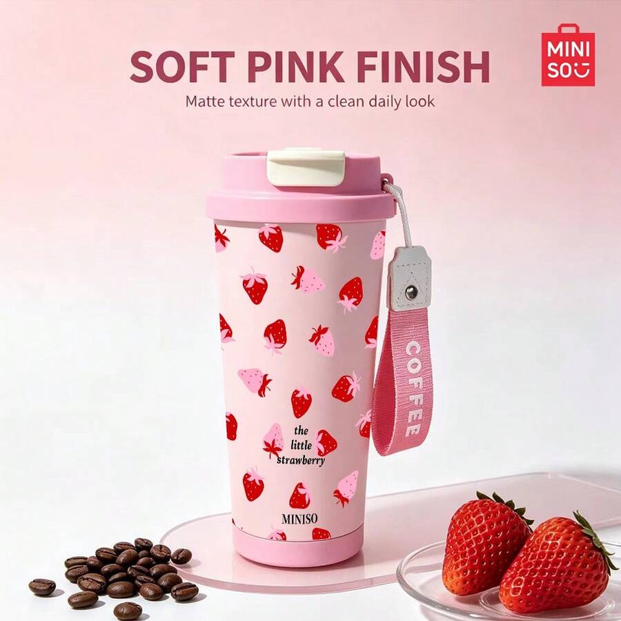 MINISO, Coffee Cup, Cute Polka Dot Pattern, 500ml Stainless Steel Coffee Cup, With Straw, Portable Cup; Gift For People. - Pink - View 1