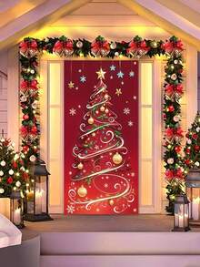 1pc Rectangular Christmas Door Banner With Merry Christmas Tree, Snowflakes, Golden Stars & Bells - Suitable For Parties, Porch Hanging, /Outdoor Decoration, Holiday Door Cover For Entrance, Family Photo Background - Christmas Door Flag - View 2