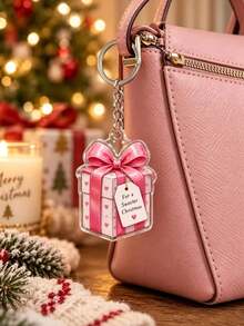 2D Flat -10pcs Flat Pink Christmas Acrylic Keychain, Cute Xmas Pink Santa Hat Christmas Tree Gift Box Gingerbread Man Pendant, Sweet Holiday Bag Charm - Multicolor - View 4